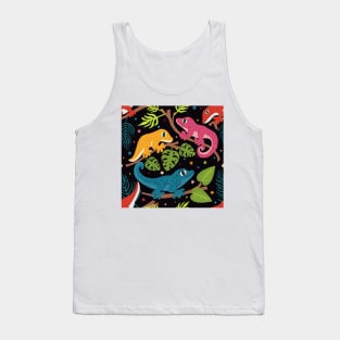 Colourful Geckos with Jungle Leaves and Stars on Black Tank Top